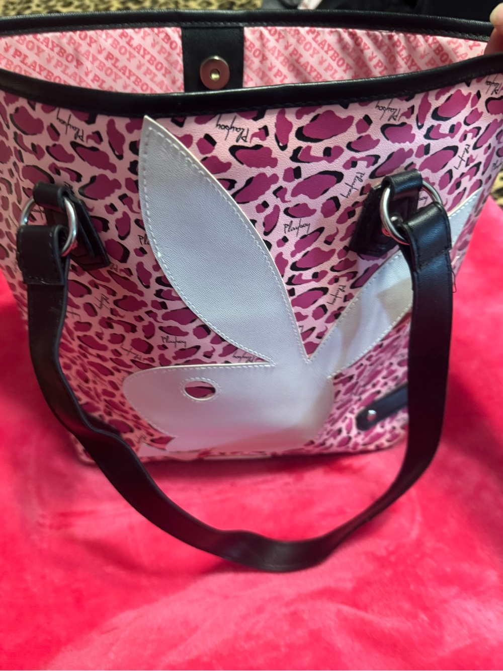 NWT PLAYBOY Pink Leopard Print Tote with White Bunny and Black Straps!
